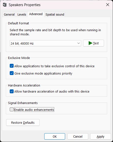 Windows Speaker Properties Advanced tab showing Signal Enhancements checkbox unchecked