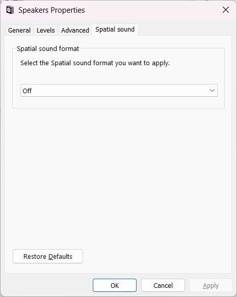 Windows Speaker Properties Spatial sound tab showing Off selected